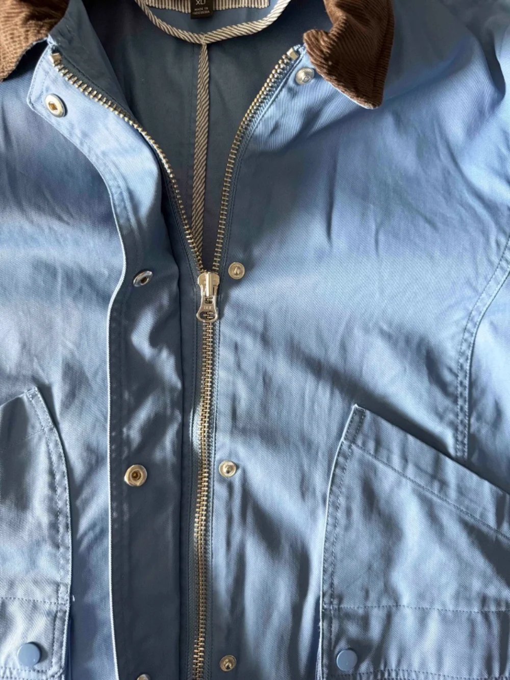 J Crew Barn Jacket Waxed Cotton Chore Coat Corduroy Collar Blue Women’s XL Tall